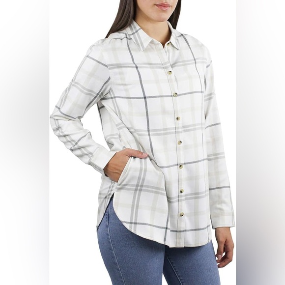 NWOT JACHS Girlfriend White and Gray Women's Super Soft Feel Flannel Shirt - Picture 5 of 8